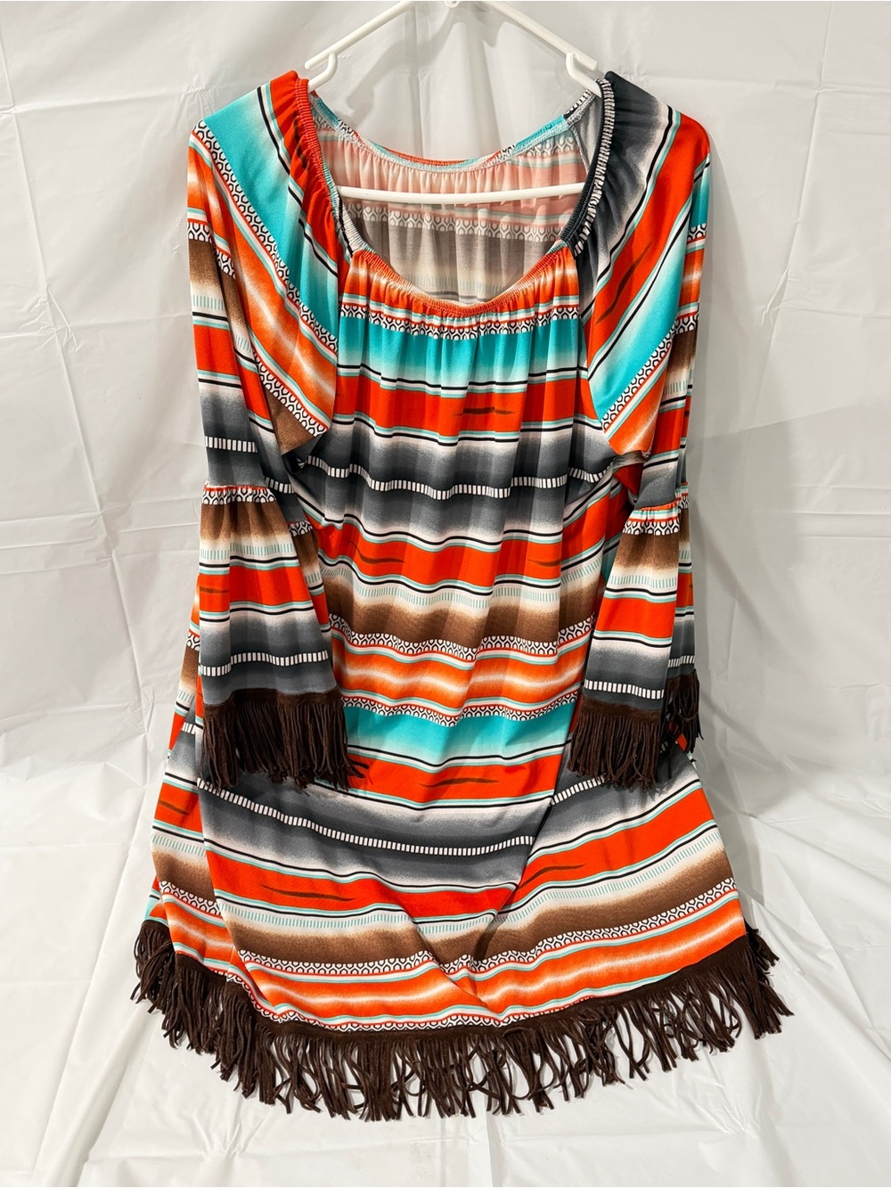 Boho Fringe Tunic Top in Orange & Turquoise